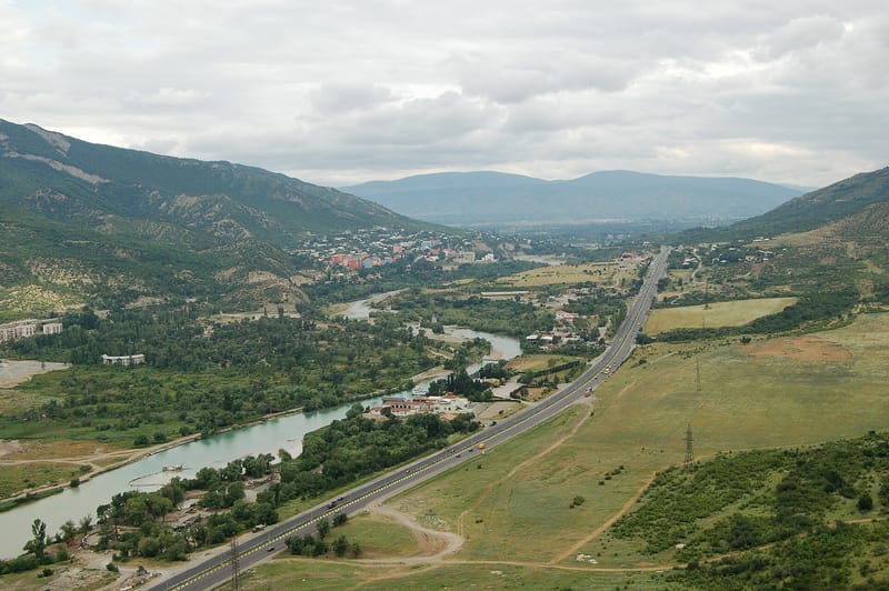 Aragvi River winding through the valley as seen from Jvari monastery